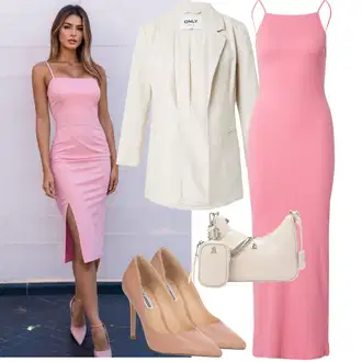 Výstřih na ramena Len Outfit s Růžová Žerzejové Šaty/Dlouhé Šaty/Šaty s Rozparkem/Šaty s výstřihem/Šaty S Vysokým Výstřihem/Maxi Šaty/Dlouhé pletené šaty/Šaty S Rovným Střihem Leger by Lena Gercke "Outfit na léto"