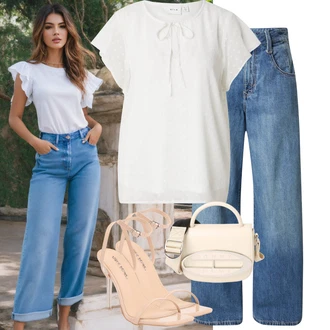 S Mašlí Outfit s Krémová/Šedá/Bílá Halenka Móda Pro Plnoštíhlou/Tričko & Top Móda Pro Plnoštíhlé/Halenka a Tunika Tunika Vila "Letní vzhled pro módní ženy"