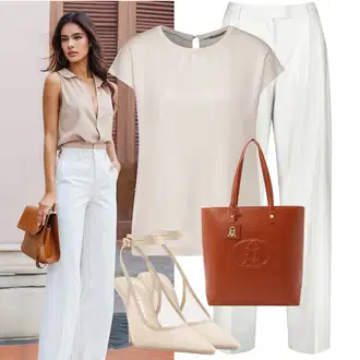 Hedvábí Outfit s Hnědá/Béžová Síťované tričko/Jednoduchý top/Krátký top/Košilový top/Tričko/Top Na Party/Tričko s krátkým rukávem/Halenek top Street One "Outfit na léto"