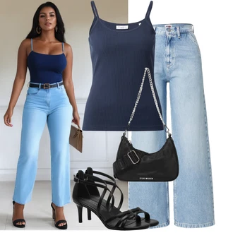 90tá léta Outfit s Světle modrá Zvonová Kalhoty/Boyfriend Kalhoty/Lacláč/Kalhoty s Vysokým Pasem/Kalhoty se Štěrbinou/Kalhoty s dírou/Široká Kalhoty Tommy Jeans "Outfit na léto"Look: Emo, 90tá léta