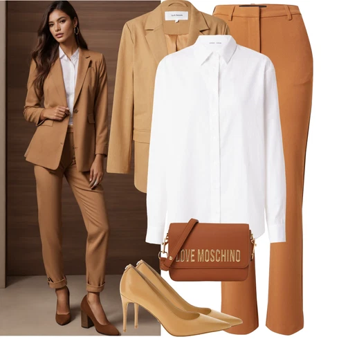 Kombinace Hnědá/Béžová/Oranžová Obleková Kalhoty/Zimní Kalhoty/Kalhoty s Vysokým Pasem/Kalhoty Bootcut/Kalhoty se Štěrbinou VERO MODA