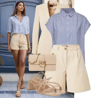 Old Money Outfit s Béžová/Khaki Košile Vysoký pas Kraťasy/Pytlovitý Šortky/Bermuda/Chino Kraťasy/Lněný kraťas/Mušelínové Šortky/Papírové Šortky/Šortky Trendyol "Letní vzhled pro módní ženy"Look: Lehký, Cool, Kancelář, Old Money, Chytrý příležitostný, Univerzitní