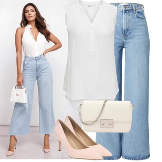 Outfity pro léto s Světle modrá/Modrá Džín s Širokou Nohavicí/Vintage džíny/High Waist Džínové Kalhoty/Zvonové Džíny/Džíny Culottes/Džíny s Rozparkem Samsøe Samsøe "Letní vzhled pro módní ženy"