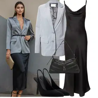 Outfit s Černá/Zelená/Šedá/Tmavě šedá Dlouhé Saténové šaty/Šaty s Rozparkem Guess "Letní outfity"