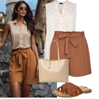 Zapínání na knoflíky Outfit s Krémová/Khaki/Béžová/Hnědá/Zelená/Bílá/Žlutá Halenka a Tunika Zizzi "Letní vzhled pro módní ženy"