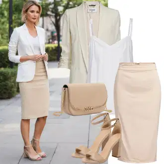 Outfit s Hnědá/Khaki/Béžová Midi Sukně/Sukně do Délky Lýtka/Pletená sukně/Tužková sukně/Sukně S Délkou Ke Kolenům/Moderní Sukně/Elastická Sukně Kaffe "Slavnostní móda pro 50+"
