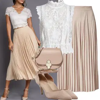 Outfit s Béžová/Bílá/Hnědá/Zelená/Khaki Maxi Sukně/Vintage Sukně maxi/Dlouhá Sukně/Sukně Pro Svatebního Hosta/Plisovaná Sukně/Sukně Pro Matriku/Vázací Sukně/Italská Sukně/Svatební Sukně/Mačkaná Sukně/Křesťanská Sukně Comma "Slavnostní vzhled s topy a plisovanou sukní svatba"