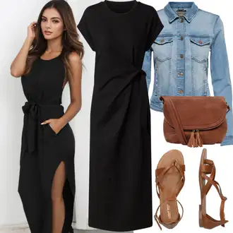 žakár Outfit s Černá/Šedá Žerzejové Šaty/Dlouhé pletené šaty/Občanské šaty/Midi Šaty/Šaty S Rovným Střihem/Zavinovací Šaty/Společenské šaty pro hosta/Šaty s Páskem/Šaty s Rozparkem Edited "Plážový outfit"