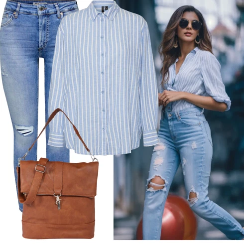 Kombinace Světle modrá/Modrá Halenkové Body/Blůza s knoflíčkem/Halenka se Stojatým Límcem/Businessová Halenka/Halenka s Dlouhým Rukávem/Oversize Halenka/Slip-on Halenka VERO MODA kombinovat s Modrá/Světle modrá Džíny s Rozparkem/Džíny s Dírou/Kožené bundy/Kotníková Bota/Kožená bunda Only