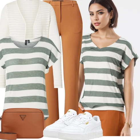 Kombinace Hnědá/Béžová/Oranžová Obleková Kalhoty/Zimní Kalhoty/Kalhoty s Vysokým Pasem/Kalhoty Bootcut/Kalhoty se Štěrbinou VERO MODA