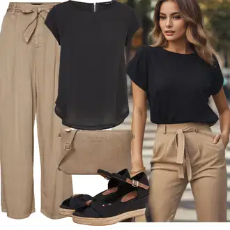 Outfit s Černá/Béžová Sandál na klínku/Bota Na Klínku/Espadrilka na Podpatku/Espadrille sandál/Letní Bota/Espadrilka s klínovým podpatkem Tommy Hilfiger "Plážový outfit"