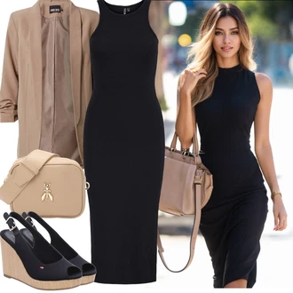 Výstřih na ramena Posilování Outfit s Černá/Tmavě modrá Šaty v Délce do Lýtka/Šaty s Rozparkem/Šaty s výstřihem/Midi Šaty/Žerzejové Šaty/Přiléhavé Šaty/Šaty S Vysokým Výstřihem/Dlouhé pletené šaty/Šaty S Rovným Střihem Pieces "Outfit na léto"Look: Posilování, Volný čas, Na Procházku