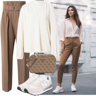 Výstřih na ramena Outfit s Bílá/Khaki/Krémová/Béžová Halenka se Stojatým Límcem/Halenka s Dlouhým Rukávem/Halenka s Nafouknutým Rukávem/Kožená bunda pro muže SELECTED FEMME "Outfit na léto"