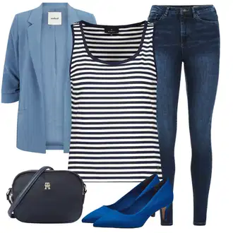Outfit s Tmavě modrá/Modrá Tílko s ořezem/Halenka Bez Rukávů/Tričko s grafikou/Pruhované Tričko/Pánské boty Monari "Perfektní na léto"
