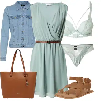 Outfit s Světle zelená/Světle modrá/Zelená Šaty Bez Rukávů/Ležérní Šaty/Žerzejové Šaty/Letní Šaty/Zavinovací Šaty/Šaty s Páskem About You "Nonšalantní look pro volný čas"