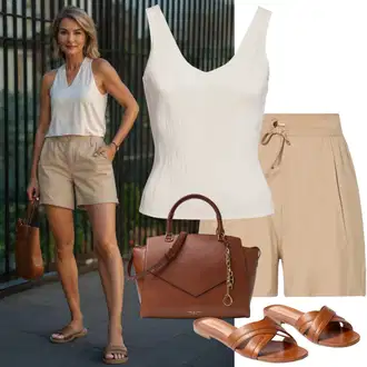 Summer outfits with Shorts mit Rumena/Zlati/Bež/Rjava/Bela Pletena majica/Pleteni vrh By Malene Birger, Rjava/Črna Mini torbica/Men's Bags/Baguette torba/Vrečka za prenašanje/Torba za čez ramo/Satchel torba/Billfold/Torba za čez ramo Calvin Klein Jeans "Športno Eleganten Modni za Ženske nad 50 let"