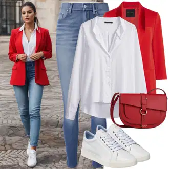 Outfit inspiracije Ured sa Krem/Bijela Poslovna košulja/Poslovna košulja/Košulja s Bluzom/Košulja koja se ne pegla MOS MOSH, Crvena Kožna jakna za muškarce/Kožna Jakna za Muškarce/Elegantni Sako/Boyfriend Sako/Oversize Sako/Sako Jakna/Kožna Jakna/Kratki Sako/Pamučni Sakoi VERO MODA "Sportsko-elegantna odjeća"Look: klasický, Ured, Stil, Unisex, Poslovni, Old Money, Lagano, Šik