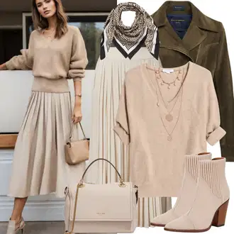 Old Money Style Preppy s Bílá/Béžová/Khaki Krátká Sukně/Manšestrová sukně/Pletená sukně/Vlněná Sukně/Sukně Pro Školní Uniformu/Sukně Pro Vysokou Školu/Sukně boucle/Moderní Sukně/Korejská Sukně/Krátká plisovaná sukně/90tá Léta Sukně/Unisex Sukně Mango "Staré peníze béžový outfit"Look: Babydoll, Preppy, Traditional, Univerzitní