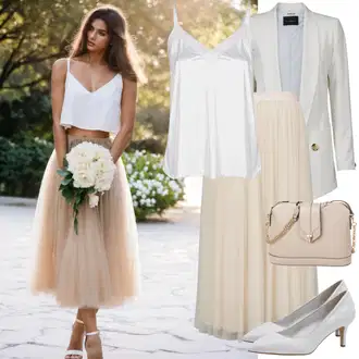 Elegantan Outfit sa Bijela/Smeđa/Ljubičasta/Krem Sako Jakna/Dvoredni Sako/Sakoi za Bluzu/Kožna jakna za muškarce/Kratki Sako/Elegantni Sako/Kožna jakna za muškarce/Sako od smokinga/Boyfriend Sako Trendyol "Stilski outfit s vjenčanim tilskim suknjom i gornjim dijelom"Look: Ured, Šik, Chic, Elegantan, Poslovni, Old Money, Pametno ležerno, klasický, Egirl, Burleska, Seksi