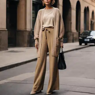 outfit mit Rjava/Škrlatna/Bež Hlača za Obleko/Hlače Za Prosti Čas/Nagubane hlače/Culotte Hlačke/Hlače z Visokim Pasom/Marlene Hlača/Palazzo Hlača/Paperbag Hlača/Plisirane Hlače/Plisirane spredaj hlač/Široka Hlača/Moderni hlačni kostim/Hlačna Obleka za Poroko/Eleganten hlačni kostim/Svečani Hlačni Kostum Mazine "Stilski Pogled Od 60"