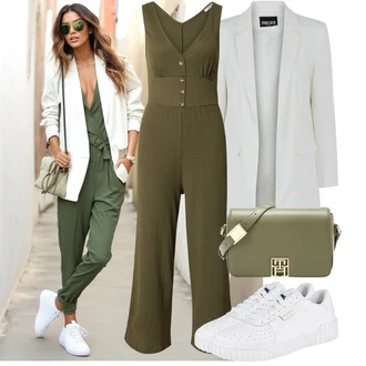 Outfit sa Tamnozelena/Kaki Ljetni kombinezon/Elegantni kombinezon/Kombinezon širokih nogavica/Kombinezon s patentnim zatvaračem/Plisirani kombinezon/Vjenčanje kombinezon/Zimski kombinezon About You "Moderan look za slobodno vrijeme"