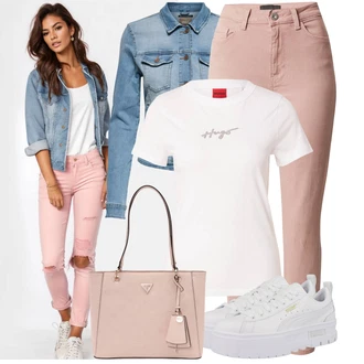 Outfit sa Pink/Smeđa/Ljubičasta Mom Jean/Traperice Slim Kroja/Skraćene Traperice/Ženske Traperice 7/8 Dužine/Sužene Traperice/High Waist Traperice/Kožna Jakna/Kožne Cipele/Traperice s Prorezom/Capri Traperice/Čizma do Gležnja Pieces "Moderan look za slobodno vrijeme"