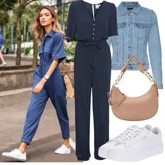 Šik Svatovski gost Outfit sa Plava/Tamnoplava Traper Kombinezon/Vjenčanje Kombinezon/Elegantni Kombinezon/Ljetni Kombinezon/Kombinezon s patentnim zatvaračem Ichi "Lijepi ljetni look"Look: Rap, 20-ih godina, cool, Radna odjeća, Premium, Pomorski, Šik, Jazz