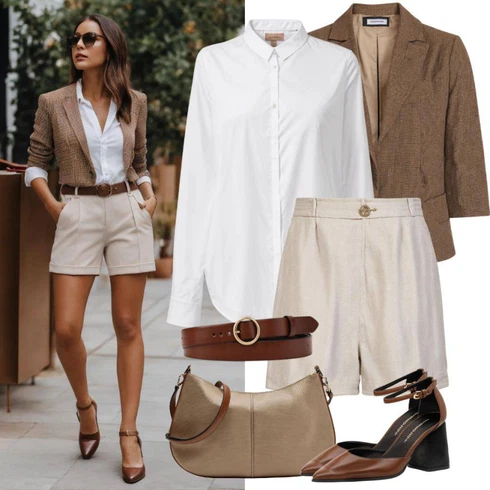 Kombinace Khaki/Béžová Košile Šortky/Mušelínové Šortky/Teplákové šortky/Sieťový kraťas About You