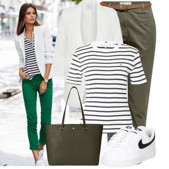 Outfit s Tmavě zelená/Khaki Boyfriend Kalhoty/Manšestrové Kalhoty/Twillová Kalhoty/Ležérní Kalhoty/Kalhoty se Štěrbinou JdY "Praktický vzhled"