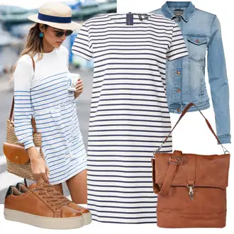 Pruhovaný Outfit s Tmavě modrá/Bílá Pouzdrové Šaty/Tričkové šaty VERO MODA "Každodenní vzhled"