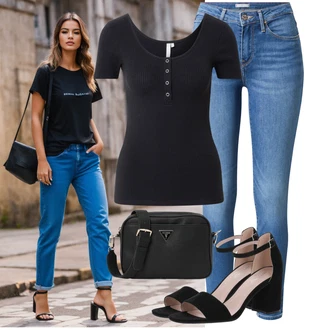 Vysoké Podpatky Outfit s Černá/Béžová Sandál Na Podpatku/Přezková bota/Podpatek na klínku/Platform Sandal/Sandály na hřídeli/Semiortopedická bota About You "Skvělý pro volný čas"