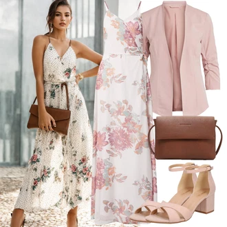 Dlouhé Outfit s Růžová/Hnědá/Červená/Fialová Šifonové Šaty/Společenské šaty pro hosta/Maxi Šaty/Šaty S Potiskem/Zavinovací Šaty/Dlouhé Letní Šaty About You "Výrazný letní vzhled"