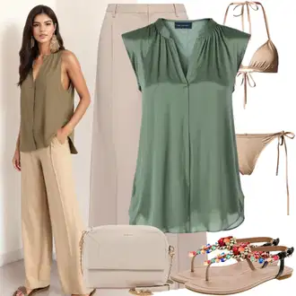 Outfity pro matriční úřad Nevěsta s Khaki/Béžová Vinylové kalhoty jjxx, Béžová/Khaki/Oranžová Bikiny s volánky/Volánový plavky Shiwi, Hnědá/Béžová Římská sandála/Letní Bota/Sandál Dianette/Sandál S T Páskem Lascana "Stylový letní vzhled"