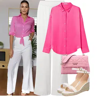 Zapínání na knoflíky Satén Outfit s Růžová Halenka Halenkové Body/Blůza s knoflíčkem/Businessová Halenka/Neobvyklá Halenka/Halenka s Dlouhým Rukávem/Oversize Halenka/Saténová Halenka/Hedvábná Halenka/Slip-on Halenka/Jednobarevná Halenka bershka "Letní outfity"