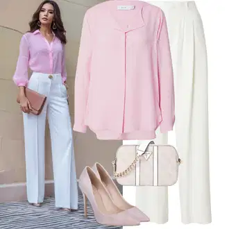 Svatba Outfit s Krémová/Bílá Mušelínové kalhoty/Kalhoty se Štěrbinou/Plisovaná Kalhoty/Plisovaná kalhoty/Kalhoty s nášivkou uprostřed/Marlene Kalhoty/Tradiční Kalhoty/Široká Kalhoty Calvin Klein "Letní oblečení"Look: Bar, Křest, Den na pláži, Koncert, Chatky, Svatba