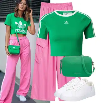 Sportovní Outfit s Neonové barvy/Zelená/Tmavě zelená/Tyrkysový Zkrácený Top/Krátký Top/Krátký top Adidas Originals "Letní outfity"Look: Irský, Skater, Sportovní, Univerzitní, Vintage