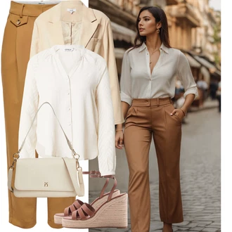 Outfit s Bílá/Khaki/Krémová/Béžová Halenka s Dlouhým Rukávem/Blůza s nášivkou na lokti/Slip-on Halenka/Halenka se Stojatým Límcem/Dětská hračka/Blůza s knoflíčkem/Neobvyklá Halenka/Halenkové Body/Manšestrová Halenka/Carmen Blůza/Mušelínová Halenka Only "Letní oblečení"