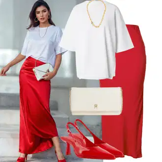 Satén Outfit s Červená/Tmavě červená Koktejlová Sukně/Vintage Sukně maxi/Tužková Sukně/Dlouhá Sukně/Maxi Sukně/Sukně do Délky Lýtka/Italská Sukně/Slavnostní Maxi Sukně Nasty Gal "Letní outfity"