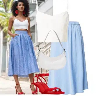 Družička Outfit s Světle modrá/Modrá Midi Sukně/60tého Léta Sukně/90tá Léta Sukně/Sukně do Délky Lýtka/Křesťanská Sukně/Dlouhá Sukně/Sukně Pro Matriku/Unisex Sukně/Sukně Pro Svatebního Hosta Minimum "Letní outfity"