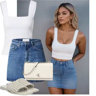 Džínovina Outfit s Modrá/Tmavě modrá/Světle modrá Krátká Sukně/Džínová vintage sukně/Džínová Sukně Samsøe Samsøe "Letní oblečení"