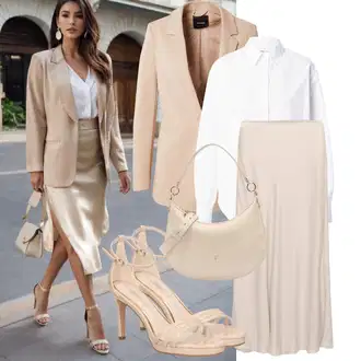 Outfit s Hnědá/Khaki/Béžová Pletená sukně/Sukně do Délky Lýtka/Sukně Pro Matriku/Maxi sukně/Elastická Sukně/Sukně Áčkového Střihu/Moderní Sukně/Midi Sukně/Unisex Sukně/Zavinovací Sukně Pull&Bear "Letní outfity"