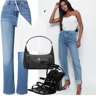 Outfity pro léto s Sv?tle modrá/Modrá Mom Jean/D?íny s Rozparkem/Ko?ená Pánská Bund/Vintage d?íny/Zkrácené D?íny/Rovná D?ína/Girlfriend D?íny/High Waist D?ínové Kalhoty/Dad D?íny/Dámské D?íny s Délkou 7/8/Pánské tri?ko Tommy Jeans "Letní outfity"