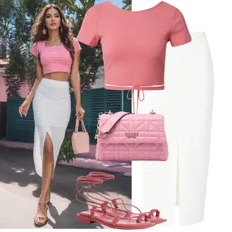 Outfit s Bílá/Krémová Midi Sukně/Sukně Pro Matriku/Pletená Sukně/Tužková Sukně/Italská Sukně/Vázací Sukně/Moderní Sukně/Křesťanská Sukně/Koktejlová Sukně/Sukně do Délky Lýtka Coast "Letní oblečení"