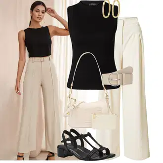 Svatba Outfit s Bílá/Khaki/Béžová Culotte Kalhoty/Marlene Kalhoty/Palazzo Kalhoty/Kalhoty se Štěrbinou/Plisovaná Kalhoty/Plisovaná kalhoty/Široká Kalhoty/Kalhoty s nášivkou uprostřed/Kalhoty s Vysokým Pasem about you x iconic by tatiana kucharova "Letní outfity"Look: Bar, 30. narozeniny, Křest, Den na pláži, Koncert, Firemní večírek, Chatky, Škola, Zvláštní příležitosti, Svatba, Narozeniny