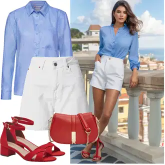 Outfit s Modrá/Světle modrá Saténová Halenka/Žehlení odolná blůza/Halenka Slim Fit/Hedvábná Halenka/Blůza s knoflíčkem/Halenka s Dlouhým Rukávem/Businessová Halenka/Slip-on Halenka/Halenkové Body Street One "Letní oblečení"