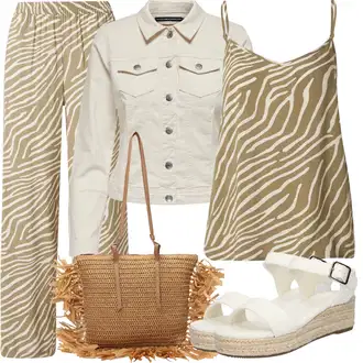 Outfit sa Bež/Kaki Štofaste hlača/Hlača s Uzorkom/Hlače od muslina/Hlača s Perjem/Hlače s Prorezom/Široka Hlača/Naborane hlače/Hlača za Plažu/Slinky Hlača/Palazzo Hlača JdY "Ljetna odjeća"