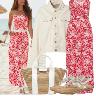 Dlouhé Outfit s Růžová/Červená Maxi Šaty/Dlouhé Letní Šaty/Společenské šaty pro hosta/Šaty Bez Ramínka/Šaty S Potiskem Lascana "Outfit na léto"