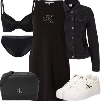 Outfit s Krémová/Bílá/Béžová Teniska Letní Tenisky/Kožené Tenisky/Plátěná Teniska/Teniska na platformě/Nízká Teniska/Úzká Teniska Calvin Klein "Letní oblečení"