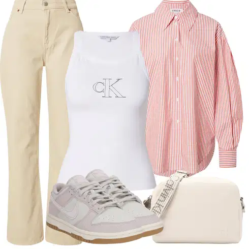 Kombinace Růžová/Červená Halenka se Stojatým Límcem/Crash blůza/Halenka s Dlouhým Rukávem/Blůza s knoflíčkem/Slip-on Halenka/Halenkové Body/Businessová Halenka/Rozverná blůza/Manšestrová Halenka/Neobvyklá Halenka/Oversize Halenka Edited kombinovat s Khaki/Zelená/Bílá/Růžová/Krémová Tričko s grafikou/Halenka Bez Rukávů/Top bez ramínek/Tílko Calvin Klein