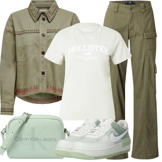 Outfity pro léto Turistika s Tmavě zelená/Khaki Cargo Kalhoty/Cargo Tepláky Hollister "Letní oblečení"Look: Trekking, Hunting, Airsoft, Na Procházku, Turistika